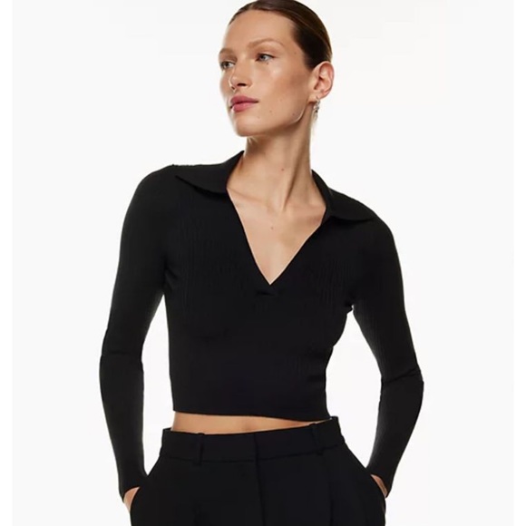 Aritzia Babaton Sculpt Knit Polo Longsleeve sweater top black - Picture 1 of 6